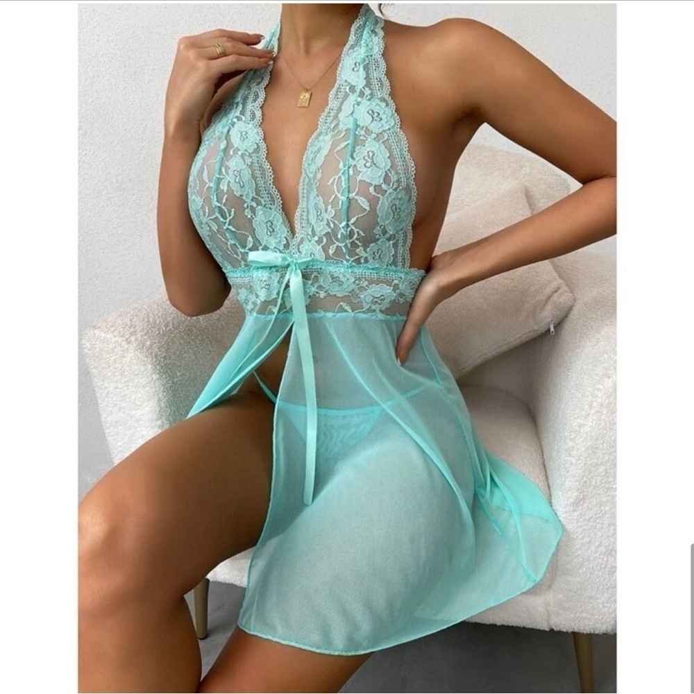 Sexy Lace Mesh Halter Babydoll Slip Dress Lingerie with Thong with gift box